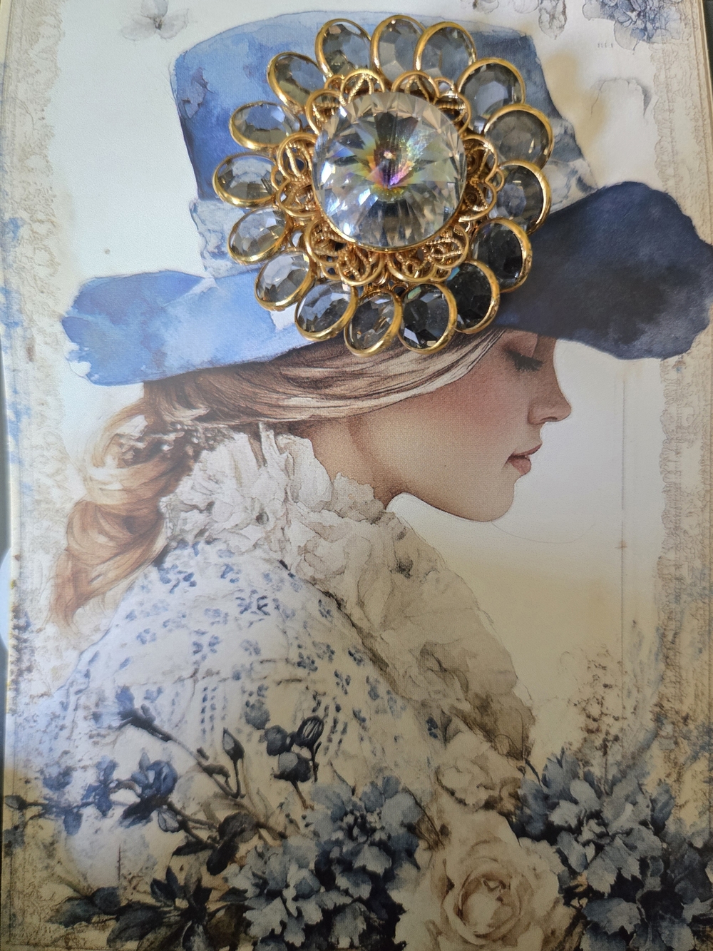 Vintage Gold Filigree Brooch with Clear Crystal And Card